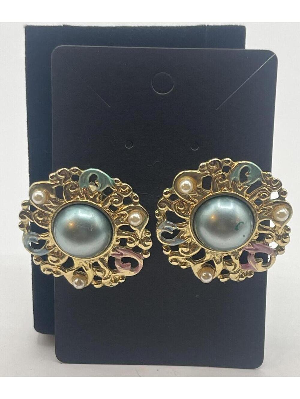 Vintage Two Sisters Gold Tone Clip-On Earrings with Faux Pearls 1980s